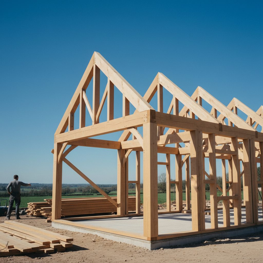 A timber structure being assembled carefully