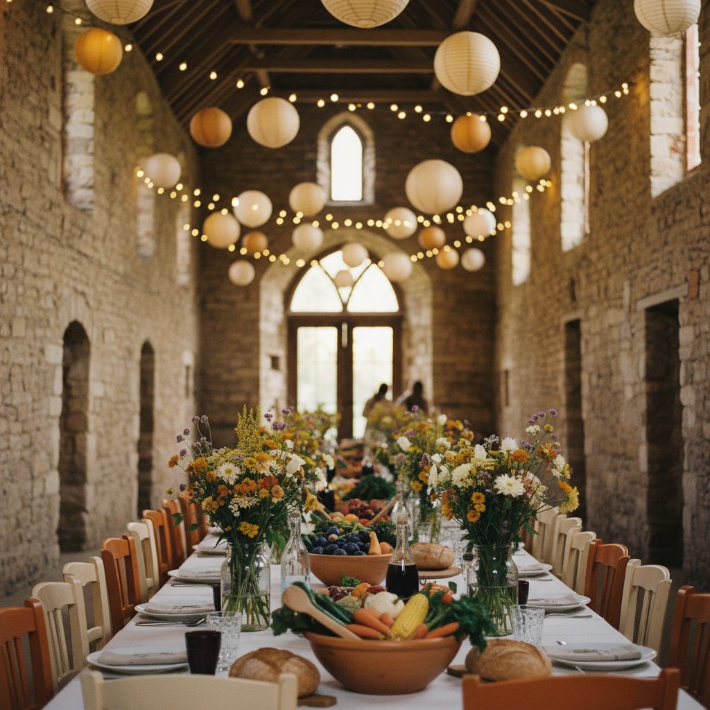 A long table laid for a group under lanterns