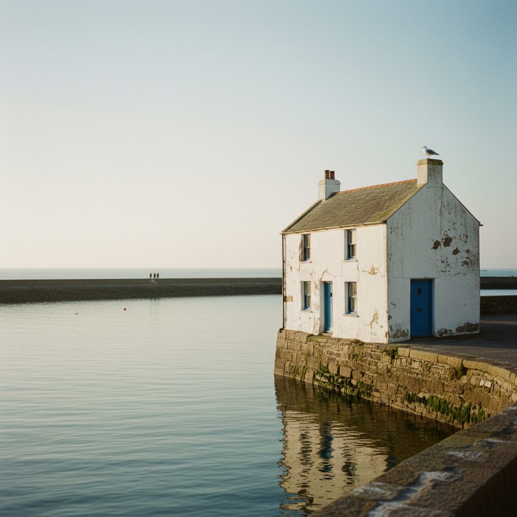 A quiet waterside house at dusk
