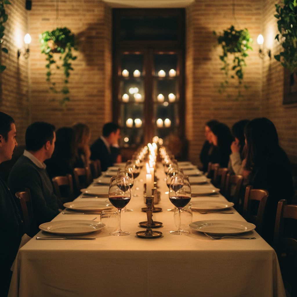 A long candlelit table laid for dinner under a brick vault